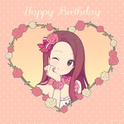 Rule 34 | 1girl, ;), agata (agatha), bad id, bad pixiv id, bare shoulders, blush, closed mouth, collarbone, flower, flower bracelet, forehead, frills, hair flower, hair ornament, hair ribbon, hand on own cheek, hand on own face, happy birthday, heart, idolmaster, idolmaster (classic), long hair, looking at viewer, minase iori, one eye closed, pink background, pink flower, pink ribbon, pink rose, polka dot, polka dot background, purple eyes, purple hair, red flower, red rose, ribbon, rose, single strap, smile, solo, tareme, upper body, white flower, white rose