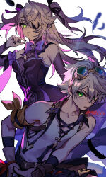 Rule 34 | 1boy, 1girl, bennett (genshin impact), black nails, black ribbon, blonde hair, bodystocking, breasts, closed mouth, dated, eyepatch, feathers, fischl (genshin impact), genshin impact, gloves, goggles, green eyes, grey hair, hair between eyes, hair ribbon, highres, looking at viewer, nail polish, ojo aa, ribbon, scar, scar on arm, shorts, signature, simple background, sleeveless, small breasts, twitter username, two side up, white background