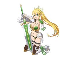 Rule 34 | 10s, 1girl, :d, armor, armored boots, bikini armor, black thighhighs, blonde hair, boots, breasts, cleavage, floating hair, full body, gauntlets, green eyes, groin, hair between eyes, hair ornament, high ponytail, holding, holding sword, holding weapon, knee boots, kneeling, large breasts, leafa, long hair, looking at viewer, navel, open mouth, pauldrons, pointy ears, shoulder armor, sideboob, simple background, smile, solo, stomach, sword, sword art online, thigh strap, thighhighs, very long hair, weapon, white background