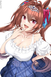 Rule 34 | 1girl, animal ears, breasts, brown hair, chamumi (mochiumee), cleavage, collarbone, daiwa scarlet (umamusume), fang, highres, horse ears, horse girl, horse tail, looking at viewer, open mouth, puffy short sleeves, puffy sleeves, red eyes, shirt, short sleeves, skin fang, smile, solo, tail, tiara, twintails, twitter username, umamusume, white background, white shirt