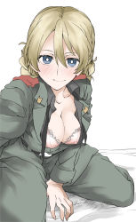 Rule 34 | 1girl, anchovy (girls und panzer), anchovy (girls und panzer) (cosplay), anzio military uniform, bed sheet, black necktie, black shirt, blonde hair, blue eyes, blush, bra, braid, breasts, bright pupils, cleavage, closed mouth, commentary, cosplay, darjeeling (girls und panzer), dress shirt, elf (stroll in the woods), girls und panzer, grey jacket, grey pants, highres, jacket, kneeling, lace, lace-trimmed bra, lace trim, long sleeves, looking at viewer, medium breasts, military, military uniform, necktie, on bed, pants, partially unbuttoned, pink bra, selfie, shirt, short hair, sitting, smile, solo, twin braids, underwear, undone necktie, undone neckwear, uniform, wariza, white background, white pupils, wing collar
