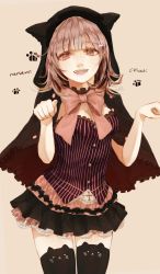 Rule 34 | 1girl, animal ear legwear, animal ears, animal hands, animal print, arms up, artist name, bad id, bad pixiv id, beige background, beige skirt, black skirt, breasts, brown background, cape, cat ear legwear, cat ears, cat paws, cat print, character name, cleavage, collar, commentary request, corset, cross, danganronpa (series), danganronpa 2: goodbye despair, danganronpa 3 (anime), flipped hair, hair ornament, hairpin, happy, highres, hood, hoodie, large ribbon, leggings, looking at viewer, medium breasts, miniskirt, nanami chiaki, open mouth, pink eyes, pink hair, red ribbon, ribbon, shirt, signature, simple background, skirt, smile, soft2355, solo, striped clothes, striped shirt, teeth, thighhighs