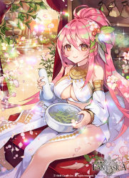 Rule 34 | 1girl, bare shoulders, blue n, breasts, cherry blossoms, cleavage, cleavage cutout, clothing cutout, company name, copyright name, flower, gyakushuu no fantasica, hair flower, hair ornament, large breasts, leaf, long hair, looking at viewer, official art, petals, pink hair, ponytail, sitting, smile, solo, sparkle, yellow eyes