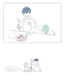 Rule 34 | 3others, alternate costume, androgynous, apron, aqua hair, bacon, blue eyes, blue hair, blunt bangs, comic, contemporary, cooking, egg (food), feeding, food, green hair, houseki no kuni, korean text, multiple others, multiple persona, mydeerwitch, phosphophyllite, phosphophyllite (ll), short hair, spoilers, sunny side up egg
