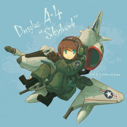 Rule 34 | 10s, 1girl, 2014, a-4 skyhawk, aircraft, airplane, artist name, asterisk kome, brown eyes, cockpit, dated, douglas a-4 skyhawk, fighter jet, flying, green eyes, headphones, jet, jet engine, mecha musume, military, military uniform, military vehicle, original, smile, solo, uniform, wings