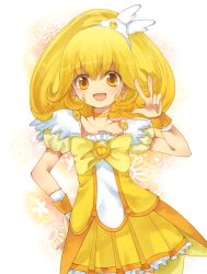 Rule 34 | 10s, 1girl, bad id, bad pixiv id, blonde hair, bow, cure peace, eyelashes, hair flaps, kise yayoi, magical girl, precure, rimoko, short hair, skirt, smile precure!, solo, tiara, v, wide ponytail, yellow bow, yellow eyes, yellow skirt, yellow theme