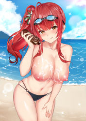 Rule 34 | 1girl, absurdres, azur lane, bare legs, bare shoulders, beach, bikini, black bikini, blue sky, blush, bottle, breasts, closed mouth, cloud, collarbone, commentary, cowboy shot, day, eyelashes, goggles, goggles on head, hair between eyes, highres, holding, holding bottle, horizon, large breasts, leaning forward, long hair, looking at viewer, lotion, lotion bottle, multi-strapped bikini bottom, navel, nipples, o-ring, o-ring bikini, o-ring bottom, o-ring top, ocean, outdoors, red hair, sand, side ponytail, sidelocks, skindentation, sky, smile, solo, standing, sunscreen, swimsuit, topless, water, xiao dao jun, yellow eyes, zara (azur lane), zara (poolside coincidence) (azur lane)