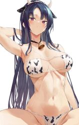Rule 34 | 1girl, animal ears, animal print, bell, bikini, black hair, blush, breasts, cleavage, cow ears, cow horns, cow print, fake animal ears, fake horns, hairband, hand in own hair, highres, hiiragi yuuichi, horns, large breasts, long hair, looking at viewer, navel, neck bell, original, parted lips, purple eyes, simple background, solo, stomach, swimsuit, white background