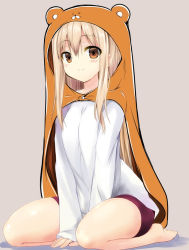 Rule 34 | 10s, 1girl, animal hood, barefoot, bear hood, between legs, bike shorts, blonde hair, blush, breasts, brown eyes, doma umaru, full body, grey background, himouto! umaru-chan, hood, light smile, long hair, long sleeves, looking at viewer, seiza, sen (astronomy), shadow, sidelocks, simple background, sitting, sleeves past wrists, small breasts, smile, solo, v arms, very long hair, white hair