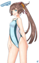 Rule 34 | 1girl, absurdres, brown hair, competition swimsuit, contrapposto, cowboy shot, flat chest, green eyes, hair ribbon, highleg, highleg swimsuit, highres, kantai collection, kazagumo (kancolle), long hair, looking at viewer, notchi, one-piece swimsuit, ponytail, ribbon, simple background, smile, solo, standing, swimsuit, white background