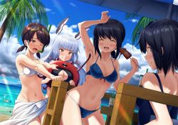 Rule 34 | 1boy, 1other, 4girls, abyssal ship, alternate breast size, arm up, armpits, beach, beach umbrella, bikini, black bikini, black hair, blue bikini, blue one-piece swimsuit, blue sky, blush, breasts, brown eyes, brown hair, bubble tea, cleavage, cleavage cutout, clenched teeth, closed eyes, clothing cutout, cloud, collarbone, day, enemy lifebuoy (kancolle), from behind, fubuki (kancolle), giving up the ghost, groin, hair ribbon, hammer, headgear, highres, ichikawa feesu, kantai collection, light rays, long hair, looking at viewer, looking back, low ponytail, low twintails, medium breasts, miyuki (kancolle), multiple girls, murakumo (kancolle), navel, one-piece swimsuit, one eye closed, orange eyes, outdoors, parted bangs, pointing, polka dot, polka dot bikini, ponytail, ribbon, sarong, shirayuki (kancolle), short hair, short ponytail, short twintails, sidelocks, silver hair, sky, snorkel, squid, sunbeam, sunlight, swimsuit, t-head admiral, tears, teeth, tress ribbon, twintails, umbrella, when you see it, white bikini