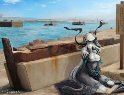 Rule 34 | 1girl, abyssal ship, blue sky, bridge, chain, chained, chained wrists, chain, cityscape, cloud, commentary request, day, entombed air defense guardian princess, hair over one eye, highres, hood, hood up, kantai collection, long hair, mizuchi (mizuchi7118), ocean, outdoors, pier, shore, sitting, sky, smile, solo, very long hair, white hair