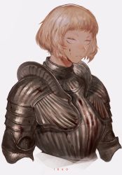 Rule 34 | 1girl, armor, artist name, blood, blood on face, bob cut, breastplate, closed mouth, cropped torso, frown, grey eyes, highres, ibuo (ibukht1015), knight, looking away, looking to the side, original, plate armor, short hair, simple background, solo, striped, upper body, white background