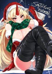 Rule 34 | 1girl, areola slip, ario, bare shoulders, blonde hair, blush, boots, breasts, cleavage, crossed legs, elbow gloves, fang, gloves, grin, horns, hoshiguma yuugi, huge breasts, leather, legs, looking at viewer, maebari, panties, pantyshot, scarf, sitting, smile, solo, thigh boots, thighhighs, touhou, underwear, upskirt, white panties