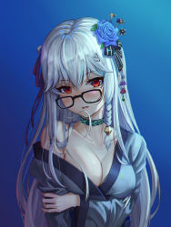 Rule 34 | 1girl, arknights, bare shoulders, blue background, blue flower, blue rose, braid, breast hold, breasts, choker, cleavage, collarbone, dddsunsky, flower, glasses, gradient background, hair between eyes, hair flower, hair in own mouth, hair ornament, hair ribbon, hand up, highres, holding own arm, infection monitor (arknights), japanese clothes, kimono, large breasts, blue background, long hair, long sleeves, looking at viewer, parted lips, purple ribbon, red eyes, ribbon, rose, saliva, saliva trail, solo, specter (arknights), white hair, wide sleeves