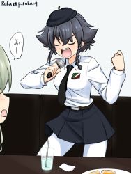 Rule 34 | 2girls, anchovy (girls und panzer), anzio school uniform, artist name, bad id, bad pixiv id, belt, beret, black belt, black hair, black headwear, black neckwear, black skirt, blush, booth seating, braid, clenched hand, commentary, dress shirt, drinking straw, emblem, frown, girls und panzer, green hair, hat, highres, holding, holding microphone, leaning forward, long sleeves, microphone, miniskirt, multiple girls, music, necktie, open mouth, out of frame, pantyhose, pepperoni (girls und panzer), plate, pleated skirt, ruka (piyopiyopu), school uniform, shirt, short hair, side braid, singing, skirt, solo focus, standing, table, twitter username, v-shaped eyebrows, white legwear, white shirt