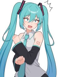 Rule 34 | 1girl, ^^^, absurdres, armpit crease, blue eyes, blue hair, blush, collared shirt, constricted pupils, crossed arms, detached sleeves, hair ornament, hatsune miku, highres, kumada gaon, long hair, long sleeves, necktie, open mouth, scared, shirt, sleeveless, sleeveless shirt, solo, twintails, very long hair, vocaloid, wavy mouth