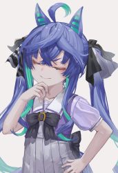 Rule 34 | 1girl, ahoge, animal ears, aqua hair, black bow, blue hair, bow, bowtie, closed eyes, closed mouth, collarbone, commentary, crossed bangs, hair ribbon, hand on own chin, hand up, high-waist skirt, highres, horse ears, horse girl, horse tail, long hair, metsurin, multicolored hair, pleated skirt, purple shirt, purple vest, ribbon, sailor collar, shirt, short sleeves, simple background, skirt, smile, solo, standing, streaked hair, tail, twin turbo (umamusume), twintails, umamusume, upper body, v-shaped eyebrows, vest, white background, white sailor collar, white skirt, wrinkled fabric