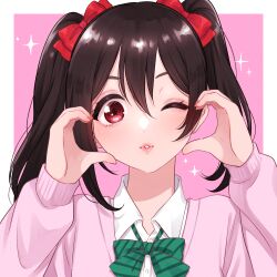 Rule 34 | 1girl, black hair, border, bow, bowtie, cardigan, collared shirt, commentary request, diagonal-striped bow, finger to cheek, fingernails, green bow, green bowtie, hair between eyes, hair bow, hands up, heart, heart hands, highres, lips, long sleeves, looking at viewer, love live!, love live! school idol project, medium hair, mogggggge, one eye closed, otonokizaka school uniform, outside border, parted lips, pink background, pink cardigan, portrait, red bow, red eyes, school uniform, shirt, simple background, smile, solo, sparkle, twintails, white border, white shirt, yazawa nico