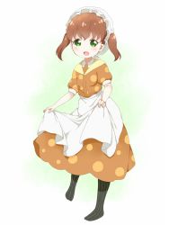 Rule 34 | 10s, 1girl, :d, adjusting clothes, apron, black pantyhose, blush, brown hair, child, collar, collared dress, dot nose, dress, fingernails, frilled hat, frills, full body, green background, green eyes, hat, kobayashi-san chi no maidragon, long hair, looking at viewer, maid, maid cap, mob cap, multicolored background, namori (style), no shoes, open mouth, orange dress, pantyhose, puffy short sleeves, puffy sleeves, saikawa georgie, saikawa sanae, short sleeves, simple background, smile, solo, standing, striped clothes, striped pantyhose, tareme, toma (shinozaki), twintails, two-tone background, vertical-striped clothes, vertical-striped pantyhose, white apron, white background, white hat