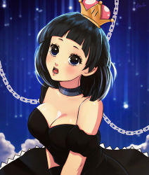 Rule 34 | 1girl, black dress, black eyes, black gloves, black hair, blunt bangs, breasts, chain, chain leash, cleavage, collar, commentary, crown, detached sleeves, dress, english commentary, esther shen, gloves, leash, looking at viewer, mario (series), medium breasts, medium hair, new super mario bros. u deluxe, nintendo, nose, open mouth, princess chain chomp, revision, sharp teeth, solo, strapless, strapless dress, super crown, teeth