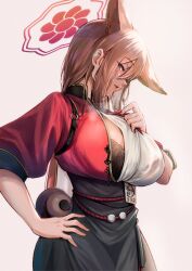 Rule 34 | 1girl, absurdres, animal ear fluff, animal ears, ankoku kishi m, black bra, black skirt, blue archive, bra, bra visible through clothes, breasts, brown hair, fox ears, gourd, halo, highres, large breasts, looking at viewer, profile, red shirt, rumi (blue archive), shirt, sideways glance, skirt, solo, steam, steaming body, sweatdrop, underwear, wet, wet clothes, wet shirt, white shirt