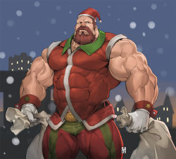 Rule 34 | 1boy, abs, bag, bara, beard, biceps, black eyes, christmas, city, collared shirt, facial hair, frown, gloves, grabbing, hat, itadori shuu, large pectorals, leather, leather belt, male focus, mature male, muscular, muscular male, night, night sky, original, outdoors, pectorals, red hair, santa costume, santa hat, shirt, sky, sleeveless, snow, solo, thick arms, thick thighs, thighs, tight clothes, veins, veiny arms