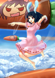 Rule 34 | 1girl, animal ears, barefoot, black hair, blue door, carrot, cloud, day, feet, female focus, flying, full body, inaba tewi, jewelry, missile, outdoors, pendant, pointing, rabbit ears, red eyes, rocket, short hair, sky, solo, tail, touhou