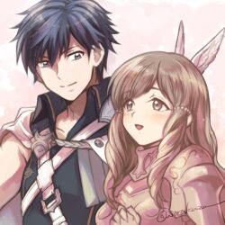Rule 34 | 1boy, 1girl, :d, armor, blue eyes, blue hair, breastplate, brown eyes, brown hair, cape, chrom (fire emblem), closed mouth, commentary request, fire emblem, fire emblem awakening, hair between eyes, long hair, looking at another, nintendo, open mouth, short hair, shoulder armor, smile, sorakaza, sumia (fire emblem), twitter username, upper body
