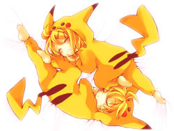 Rule 34 | 1boy, 1girl, brother and sister, cosplay, creatures (company), game freak, gen 1 pokemon, kagamine len, kagamine rin, nintendo, pikachu, pikachu (cosplay), pokemon, siblings, sleeping, twins, vocaloid