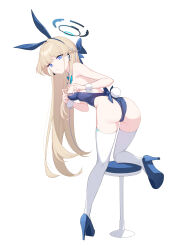 Rule 34 | 1girl, absurdres, animal ear hairband, animal ears, ass, backless leotard, bare arms, bare shoulders, bent over, blonde hair, blue archive, blue footwear, blue hairband, blue leotard, bow, bowtie, braid, breasts, detached collar, fake animal ears, fake tail, from behind, full body, hair bow, hairband, halo, heart, heart hands, high heels, highleg, highleg leotard, highres, leotard, long hair, looking at viewer, looking back, official alternate costume, playboy bunny, rabbit ear hairband, rabbit ears, rabbit tail, roi (liu tian), small breasts, solo, stool, strapless, strapless leotard, tail, thighhighs, thighs, toki (blue archive), toki (bunny) (blue archive), very long hair, white thighhighs, wrist cuffs