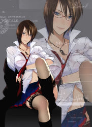 Rule 34 | 1girl, blue eyes, brown hair, character request, garter straps, glasses, highres, koutarou (artist), koutarou (farthest), lace, lace-trimmed legwear, lace-trimmed panties, lace trim, lingerie, navel, necktie, panties, pantyshot, pleated skirt, popped collar, sitting, skirt, solo, thighhighs, underwear