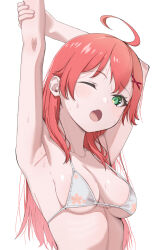 1girl ahoge arm_out_of_frame arm_up armpits bikini blush breasts cleavage collarbone fang green_eyes hair_ornament hairclip hand_on_own_arm happycalpis highres hololive long_hair looking_at_viewer medium_breasts one_eye_closed open_mouth pink_hair sakura_miko skin_fang solo sweat swimsuit virtual_youtuber white_background white_bikini x_hair_ornament