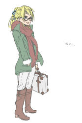 Rule 34 | 1girl, ayase eli, blonde hair, blue eyes, blush, boots, briefcase, brown footwear, carrying, closed mouth, commentary request, full body, fur-trimmed jacket, fur trim, glasses, green jacket, hand in pocket, highres, jacket, kashikaze, long hair, long sleeves, looking at viewer, love live!, love live! school idol project, open clothes, open jacket, pants, ponytail, red scarf, scarf, simple background, solo, standing, translated, white background, white pants