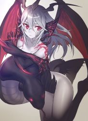 Rule 34 | 1girl, bad id, bad pixiv id, bat wings, closed mouth, diabound kernel, duel monster, gloves, grey hair, hair between eyes, highres, horns, leotard, long hair, looking away, maruchi, md5 mismatch, monster girl, no bra, no panties, personification, red eyes, simple background, snake, solo, tattoo, white background, wings, yu-gi-oh!