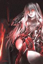 Rule 34 | 10s, 1girl, absurdres, abyssal ship, aircraft carrier oni, aircraft carrier princess, albino, armor, armored boots, black background, boots, breasts, cannon, cleavage, closed mouth, colored skin, dress, female focus, gauntlets, glowing, glowing eyes, hand on own head, highres, horns, kantai collection, large breasts, long hair, looking at viewer, murasaki-sin, one side up, oni, orange eyes, red lips, sailor dress, short dress, sleeveless, solo, thigh boots, thighhighs, torn clothes, very long hair, white hair, white skin