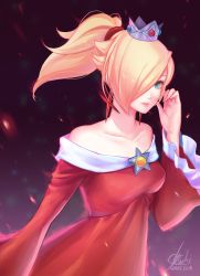 Rule 34 | 1girl, 2021, absurdres, bare shoulders, blonde hair, blue eyes, collarbone, crown, dated, dress, earrings, fire rosalina, hair over one eye, highres, jewelry, long hair, long sleeves, looking at viewer, mario (series), nintendo, off-shoulder dress, off shoulder, parted lips, ponytail, red dress, rosalina, signature, smile, solo, standing, super mario 3d world, tsuki (applebeniakari), wide sleeves