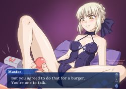 Rule 34 | &gt;:(, 1girl, angry, annoyed, artist name, artoria pendragon (all), artoria pendragon (fate), bare shoulders, barefoot, blonde hair, blush, burbur, cameltoe, censored, cleft of venus, closed mouth, collarbone, commentary, embarrassed, english commentary, english text, fate/grand order, fate (series), feet, footjob, frown, hair ornament, looking at another, mixed-language commentary, mosaic censoring, penis, saber (fate), saber alter, spread legs, toes, two-footed footjob, v-shaped eyebrows, watermark, yellow eyes