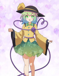 Rule 34 | 1girl, :d, arm at side, black hat, blush, bow, bright pupils, buttons, cato (monocatienus), clenched hand, commentary, diamond button, feet out of frame, frilled shirt collar, frills, green eyes, green hair, green skirt, hair between eyes, hand up, happy, hat, hat bow, heart, heart background, heart of string, highres, koishi day, komeiji koishi, long sleeves, medium hair, open mouth, pink background, shirt, simple background, skirt, smile, solo, standing, straight-on, tareme, third eye, touhou, white pupils, wide sleeves, yellow bow, yellow shirt