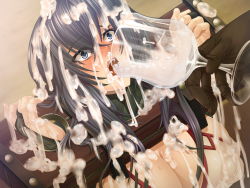 Rule 34 | 1girl, asagiri, black hair, blue eyes, breasts, bridal gauntlets, bukkake, cleavage, cum, cum in container, cum in cup, cum in mouth, cum in nose, cum on body, cum on breasts, cum on clothes, cum on hair, cum on upper body, cup, drinking, drinking glass, facial, feeding, game cg, gloves, gokkun, holding, holding cup, humiliation, lilith-soft, long hair, minerva augusta, onna kentoushi minerva monster colosseum, pillory, pouring, slave, tears, wine glass