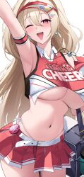 Rule 34 | 1girl, ;d, absurdres, arm strap, arm up, armpits, badge, bag, bare shoulders, belt, belt buckle, blonde hair, blush, bottle, breasts, buckle, button badge, buttons, cheerleader, clay (nikke), clothes writing, collared shirt, commentary, cowboy shot, crop top, earrings, fang, goddess of victory: nikke, hair between eyes, hair ornament, hairclip, highleg, highleg panties, highres, jewelry, large breasts, long bangs, long hair, looking at viewer, midriff, miniskirt, navel, no bra, one eye closed, open mouth, outstretched arm, panties, panty straps, pink eyes, pleated skirt, pom pom (cheerleading), red shirt, red skirt, shirt, shoulder bag, side-tie panties, simple background, skirt, sleeveless, sleeveless shirt, smile, smiley face, solo, standing, stomach, string panties, tassel, tassel earrings, teeth, towel, two-tone shirt, two side up, unbuttoned, underboob, underwear, upper teeth only, very long hair, visor cap, whistle, whistle around neck, white background, white belt, white panties, white shirt, ziroqon