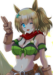 Rule 34 | 1girl, ;d, animal ears, armband, bandana, bandeau, bare shoulders, belt, bikini, bikini under clothes, blue eyes, breasts, brown belt, brown gloves, brown hair, cleavage, commentary request, detached sleeves, front-tie top, gloves, green armband, gun, hair ornament, hand up, handgun, holster, horse, horse ears, irorian, large breasts, looking at viewer, medium hair, midriff, navel, one eye closed, open mouth, ponytail, revolver, short sleeves, simple background, smile, star (symbol), star hair ornament, stomach, strapless, swimsuit, taiki shuttle (racehorse), taiki shuttle (umamusume), tube top, umamusume, upper body, weapon, white background