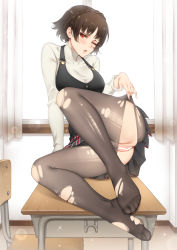 Rule 34 | 1girl, ;o, bar censor, black pantyhose, blush, braid, brown hair, censored, commentary request, desk, feet, full body, kinhasu, legs, looking at viewer, niijima makoto, no panties, no shoes, on desk, one eye closed, open mouth, paid reward available, pantyhose, persona, persona 5, pussy, red eyes, school, school uniform, short hair, skirt, solo, torn clothes, torn pantyhose, uniform