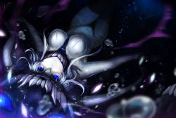 Rule 34 | 10s, 1girl, abyssal ship, blue eyes, bodysuit, breasts, bubble, cape, gloves, glowing, glowing eyes, hat, highres, kantai collection, long hair, monster, pale skin, personification, sa (h28085), short hair, silver hair, solo, underwater, wo-class aircraft carrier