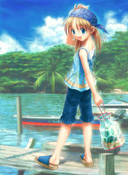 Rule 34 | 1girl, :d, bag, blonde hair, blue eyes, blue sky, blush, boat, camisole, carrying, day, dock, duplicate, full body, goto p, head scarf, looking at viewer, no legwear, ocean, open mouth, original, outdoors, palm tree, pier, plant, sandals, shorts, sky, smile, solo, tree, walking, water, watercraft