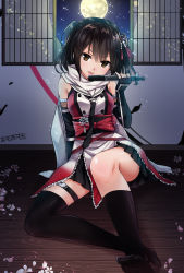 Rule 34 | 10s, 1girl, arm support, artist name, bare shoulders, black hair, black neckerchief, black thighhighs, brown eyes, cherry blossoms, detached sleeves, diffraction spikes, elbow gloves, fingerless gloves, full moon, gloves, hair ornament, highres, holding, indoors, kantai collection, licking, looking at viewer, moon, neckerchief, night, omoomomo, on floor, open window, scarf, school uniform, sendai (kancolle), sendai kai ni (kancolle), serafuku, single thighhigh, sitting, solo, sparkle, thighhighs, tongue, tongue out, torpedo, two side up, white scarf, window, wooden floor