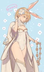 Rule 34 | 1girl, :d, animal ears, blonde hair, breasts, brown eyes, cape, cleavage, covered navel, djeeta (granblue fantasy), fake animal ears, granblue fantasy, highres, leotard, medium breasts, open mouth, playboy bunny, rabbit ears, rabbit tail, short hair, smile, solo, standing, tail, thighhighs, white thighhighs, wrist cuffs, yayata (884)
