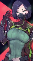 Rule 34 | 1girl, animification, belt, black hair, bodysuit, breasts, covered erect nipples, covered navel, gas mask, green eyes, highres, looking at viewer, loose belt, mask, medium breasts, mouth mask, ruberule, short hair, solo, valorant, viper (valorant), wet