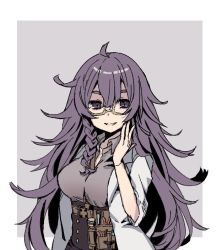 Rule 34 | 1girl, :d, antenna hair, belt pouch, border, braid, dorothy (sinoalice), glasses, hair between eyes, lab coat, long hair, long sleeves, looking at viewer, merry-san, open mouth, polo shirt, pouch, purple background, purple eyes, purple hair, purple shirt, reality arc (sinoalice), shirt, sinoalice, smile, solo