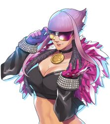 Rule 34 | 1girl, breasts, cleavage, crop top, gloves, highres, jacket, large breasts, long hair, long sleeves, manon legrand, pink hair, sep rina, street fighter, street fighter 6, sunglasses